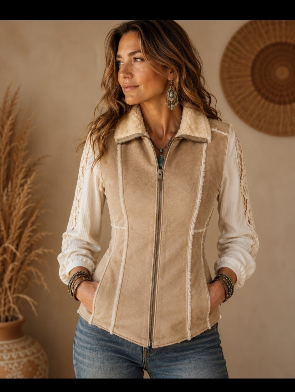 Big Chill Faux Suede Vest Beige Zip Up Faux Fur Lined Western M